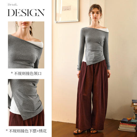 OLrain欧芮儿灰色长袖T恤女春季2025年新款设计感不规则斜肩上衣 商品图1