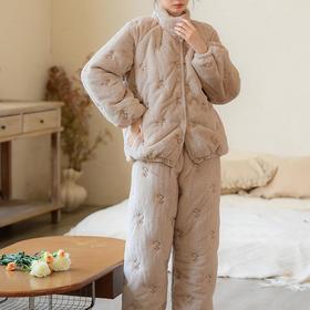 特厚三层夹棉睡衣秋冬法式新款套装冬毛兔貂开衫宽松可外穿家居服