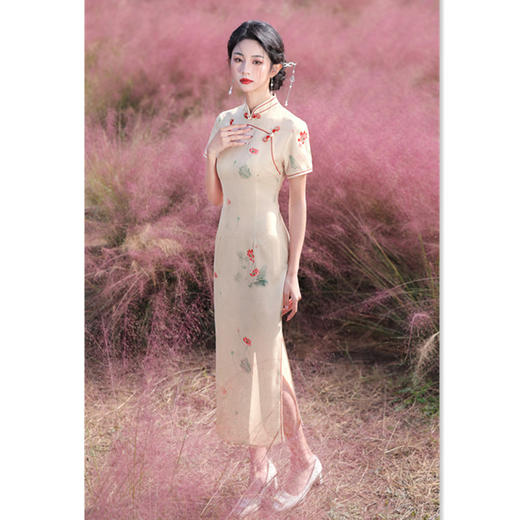 GX老上海复古中国风长款双襟短袖旗袍2025春夏新款素雅中式宴会旗袍 商品图0