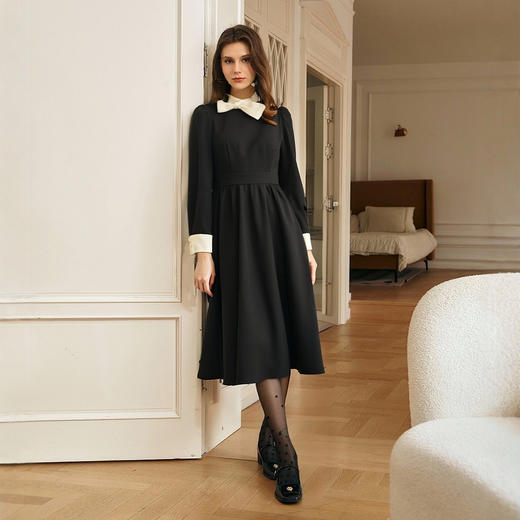 OLrain欧芮儿法式黑色连衣裙女春季2025新款赫本风蝴蝶结长裙 商品图4