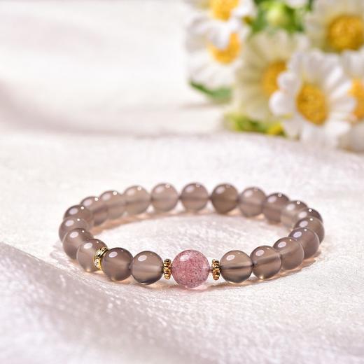 珩钻 天然玛瑙粉灰花语手串8mm  小众烟灰色轻奢精致草莓晶转运珠手链弹力绳带证书 商品图5