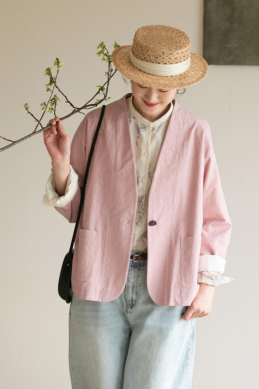 牧衣游原创 棉质净色短外套新款宽松粉色通勤百搭开衫薄款 江南雨 商品图5