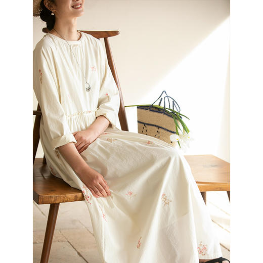 牧衣游原创 匹马棉绢丝混纺连衣裙新款轻薄素雅清新文艺长裙 木绵 商品图1