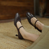 阿么手工女鞋一字带小方头高跟鞋细跟真皮褶皱法式浅口单鞋6.5CM 商品缩略图3