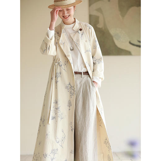 牧衣游原创 印花棉质风衣女新款设计感文艺质朴宽松长外套 山行 商品图1