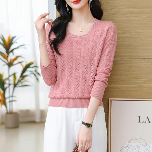 CC-103-A18106春秋装2025新款女士洋气镂空钩花针织衫打底圆领薄款长袖宽松上衣 商品图2