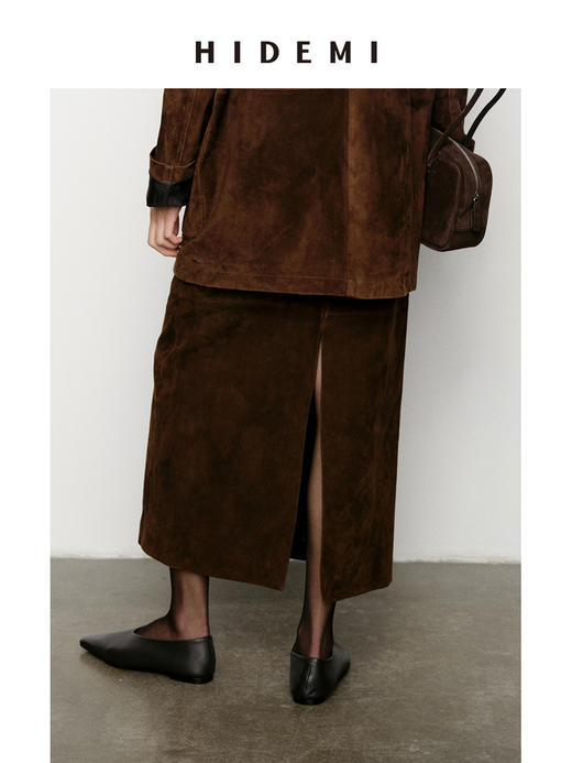 HIDEMI进口麂皮H型立体剪裁显瘦半身裙低腰皮裙绒面开衩复古长裙 商品图2
