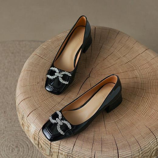 【预售5天】新款春季真皮水钻方头单鞋女中跟粗跟浅口气质软皮四季鞋NJMK&K150 商品图2