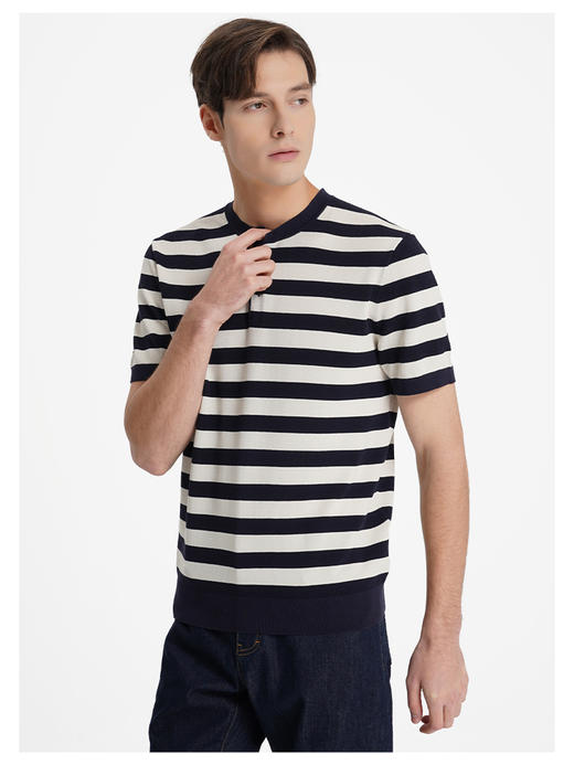 callisto松弛系列藏青条纹棉混纺T恤 商品图3