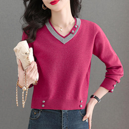 CC-103-A989春秋季新款洋气宽松V领长袖t恤女士针织上衣短款小个子打底衫 商品图2