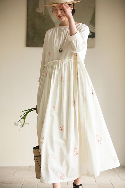 牧衣游原创 匹马棉绢丝混纺连衣裙新款轻薄素雅清新文艺长裙 木绵 商品图5