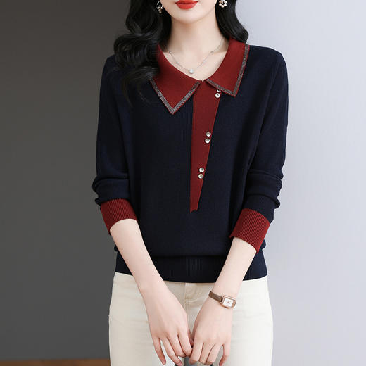 CC-BSM-715春秋装新款女士娃娃翻领打底衫宽松拼色针织上衣t恤 商品图0