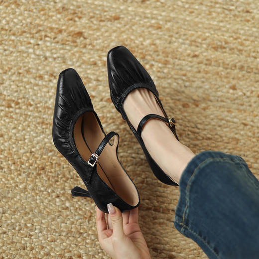 阿么手工女鞋一字带小方头高跟鞋细跟真皮褶皱法式浅口单鞋6.5CM 商品图4