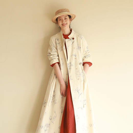 牧衣游原创 印花棉质风衣女新款设计感文艺质朴宽松长外套 山行 商品图0