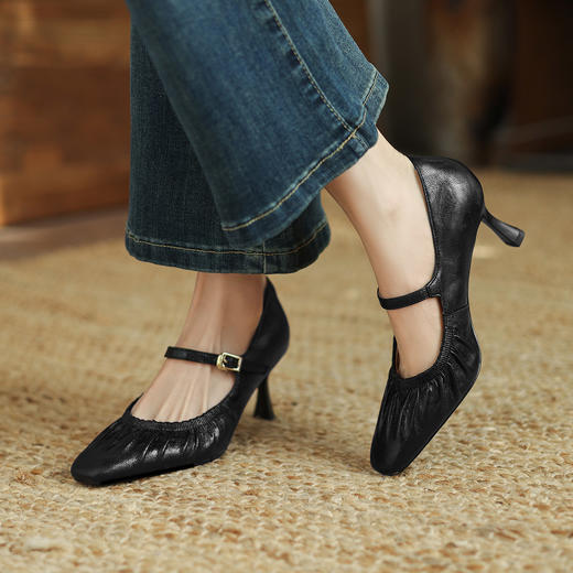 阿么手工女鞋一字带小方头高跟鞋细跟真皮褶皱法式浅口单鞋6.5CM 商品图2
