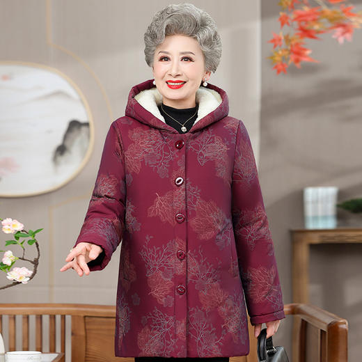 【70岁妈妈羊羔绒棉袄 】老年人冬装连帽棉衣女奶奶加绒加厚大码外套 商品图3
