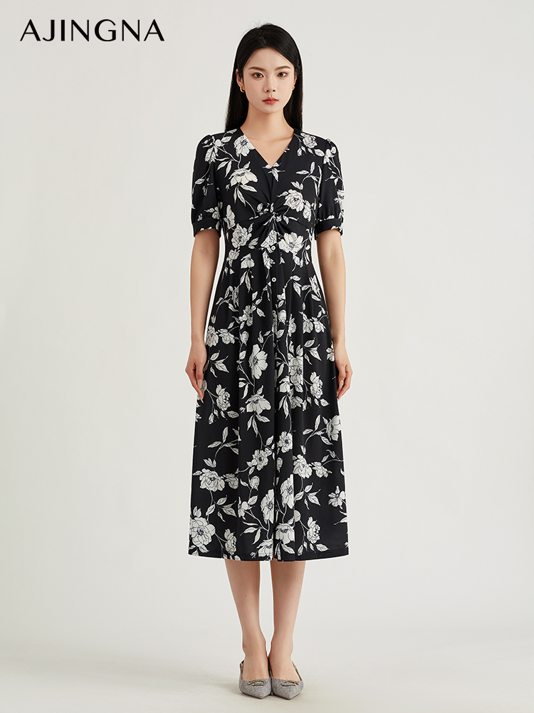 【踏青甄选价】阿菁娜优雅黑白印花连衣裙A29C112010