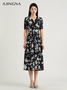 【商场同款】阿菁娜优雅黑白印花连衣裙A29C112010