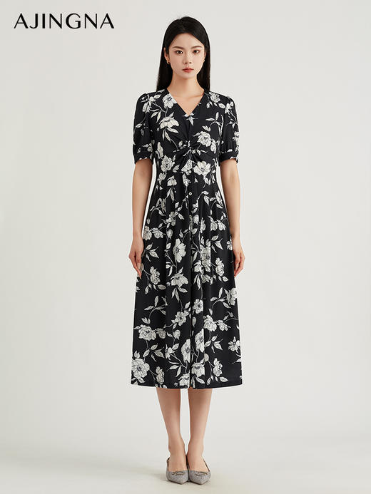 【商场同款】阿菁娜优雅黑白印花连衣裙A29C112010 商品图0