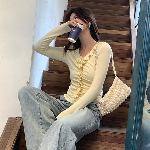 【春日明媚】玫瑰花拼接荷叶边收腰V领针织衫女上衣V0450191 商品图1