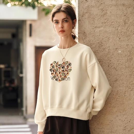 OLrain欧芮儿杏色圆领卫衣女冬季2024年新款法式印花刺绣长袖 商品图0