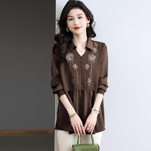 CC-BSM-725polo领假两件衬衫女士宽松针织上衣2025春秋季新款雪纺拼接衬衣 商品图2