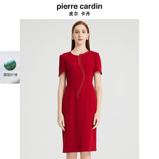 皮尔卡丹女装时尚烫钻圆领显瘦通勤简约礼服连衣裙P2221D2095R0 商品图0