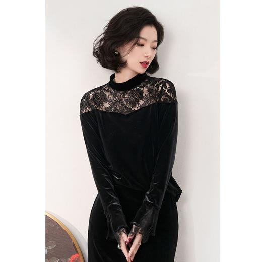 西子【不败美人】进口丝绒镂空蕾丝拼接气质显瘦长袖打衫/SYWC061 商品图1