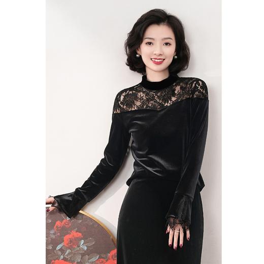 西子【不败美人】进口丝绒镂空蕾丝拼接气质显瘦长袖打衫/SYWC061 商品图0