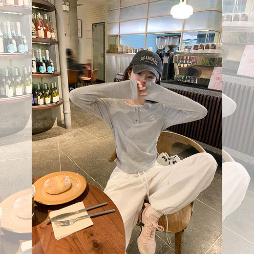 <曾小咸推荐>温柔花灰色蕾丝领边上衣长袖T恤 商品图2