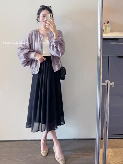 温柔晚风 手工缝制珍珠腰部点缀 岩石肌理感雪纺半身裙 黑色 商品图6