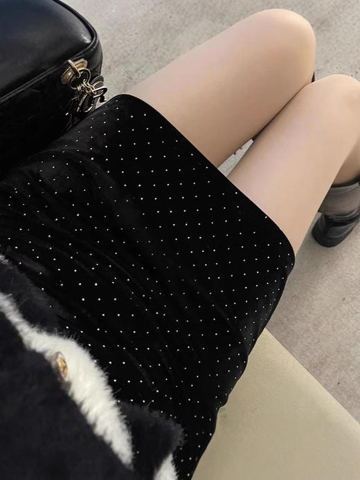 【YW】无忧购韩系ins风温柔甜美丝绒烫钻高腰显瘦小个子半身裙（截单后7天发货)25年清仓捡漏 商品图0