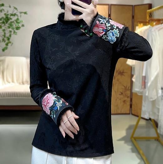 A94492024秋冬新款女装时尚新中式提花加绒花朵刺绣水貂毛小上衣打底衫 商品图2