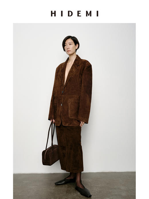 HIDEMI进口麂皮H型立体剪裁显瘦半身裙低腰皮裙绒面开衩复古长裙 商品图4