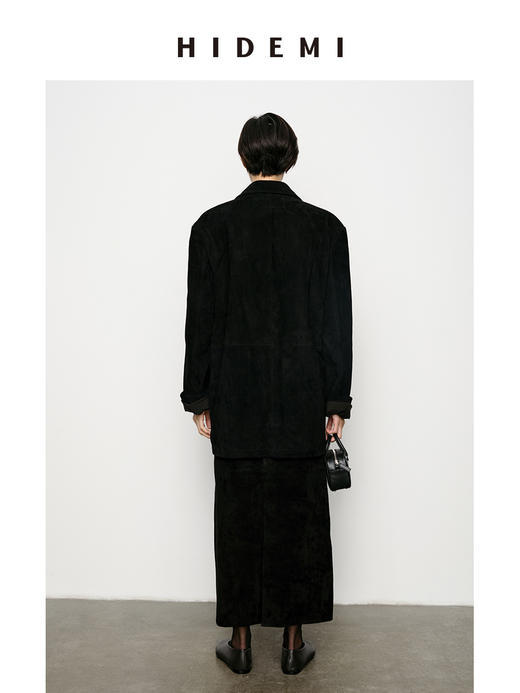 HIDEMI进口麂皮H型立体剪裁显瘦半身裙低腰皮裙绒面开衩复古长裙 商品图6