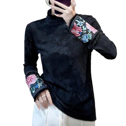 A94492024秋冬新款女装时尚新中式提花加绒花朵刺绣水貂毛小上衣打底衫 商品图4