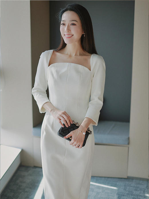 “赫本衣橱”质感通勤 花瓣方领设计 七分袖连衣裙 商品图3