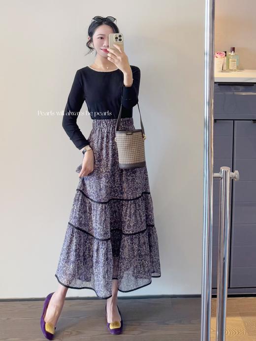 星月流转 珍珠如项链点缀于衣领 高档天丝针织面料T恤 黑色 商品图5