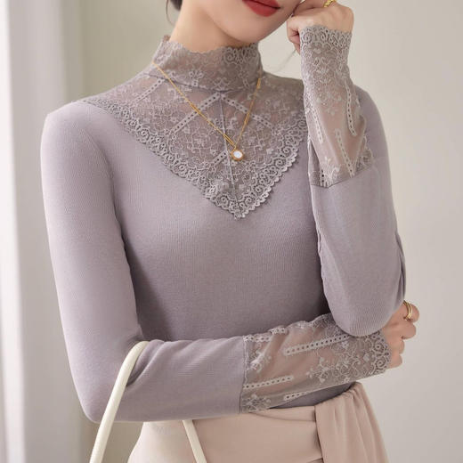 2024新款加绒加厚网纱蕾丝打底衫女春秋内搭修身洋气长袖上衣简约 商品图3