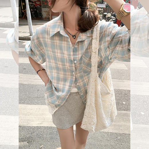 <曾小咸推荐>3.28现货秒杀 ！微信超特价！下摆拼接蕾丝边蓝色格子衬衫 日常169.99 立减80 秒杀89.99！ 商品图0