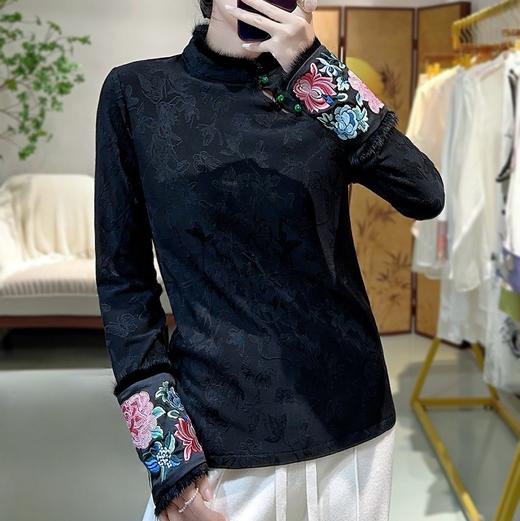 A94492024秋冬新款女装时尚新中式提花加绒花朵刺绣水貂毛小上衣打底衫 商品图3