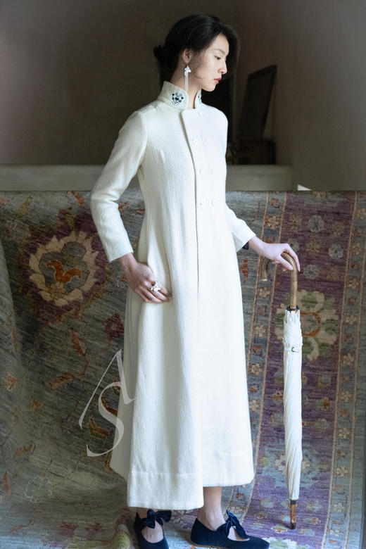 Maku 奶白色手织菱纹羊毛勾袖长外套 商品图0