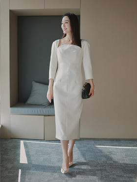 “赫本衣橱”质感通勤 花瓣方领设计 七分袖连衣裙