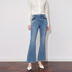 【高货wl】全新升级【铂金会员266/天猫359/差价93】(40044) 洛诗琳重工轻奢烫钻牛仔裤2025春季高腰弹力显瘦微喇裤