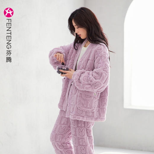 芬腾女士睡衣女秋冬季珊瑚绒法兰绒加绒加厚保暖家居服套装 商品图3