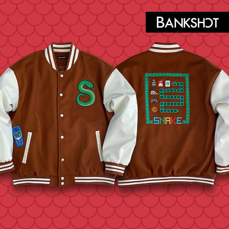 【听老杨原创】贪吃蛇主题刺绣/毛巾绣 PU皮袖棒球服