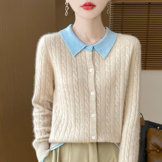 丁摩 撞色POLO领羊毛针织开衫女刺绣扭花宽松大码Polo领长袖毛衣外套5ZF-D409 商品图1