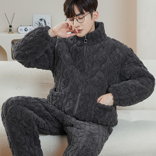 【比羽绒服还暖和】男士三层夹棉珊瑚绒睡衣  冬季可外穿加绒加厚保暖法兰绒家居服 商品图8