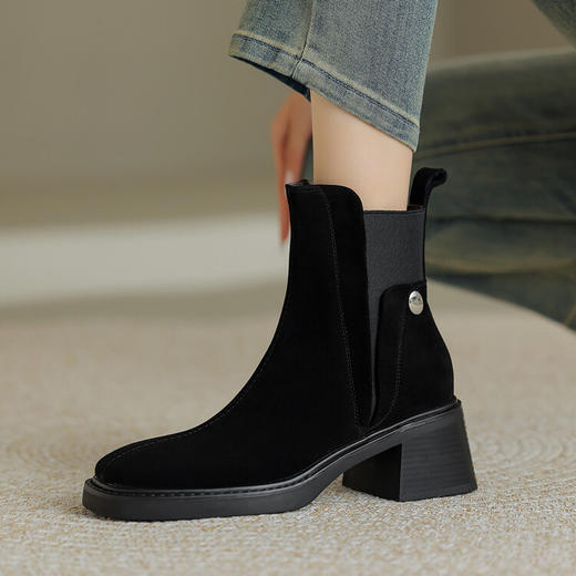 丁摩 春秋里外全皮木纹粗跟方头后拉链短筒切尔西靴羊翻皮韩版复古中跟短靴5ZF-11228 商品图1