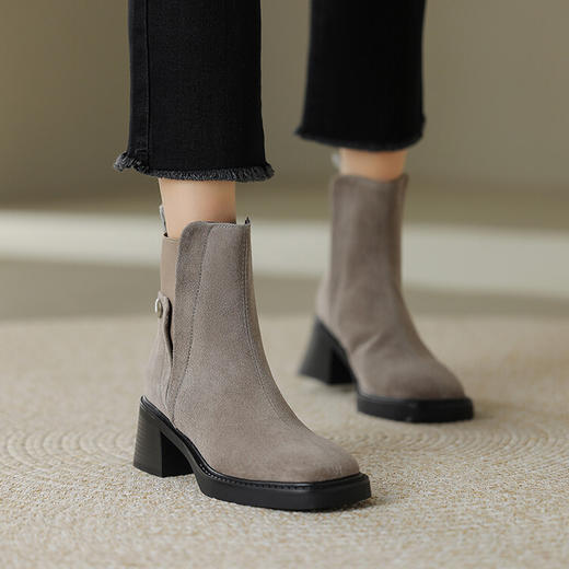 丁摩 春秋里外全皮木纹粗跟方头后拉链短筒切尔西靴羊翻皮韩版复古中跟短靴5ZF-11228 商品图2